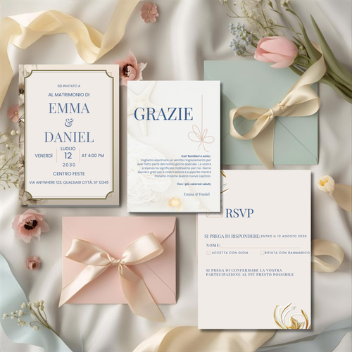 Invito di matrimonio elegante modificabile su Canva - stile ivory e blu
